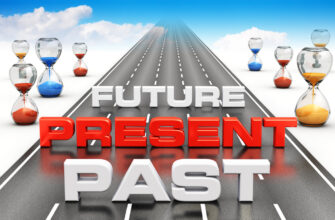 The road leading from past to future and sand watches measuring time