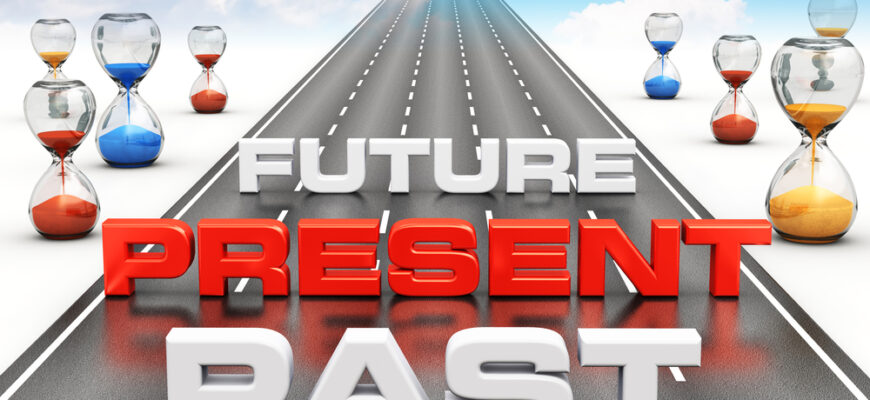 The road leading from past to future and sand watches measuring time